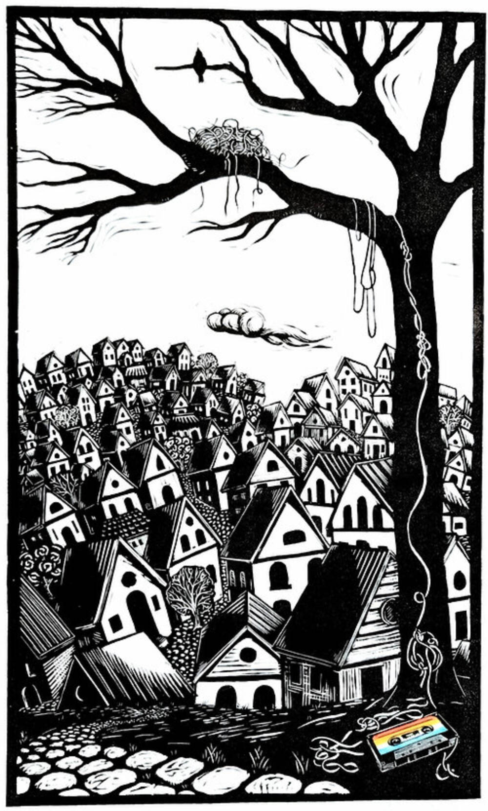 Mostly black and white print of a tree with a birds next towering over many houses. The only color is a casette tape bottom right corner.